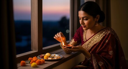 Indian Woman Lighting Traditional Diya for Diwali Celebration at Sunset. AI Generated 