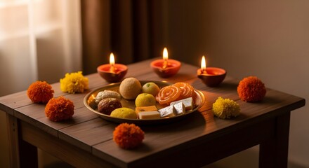 Festive Diwali Setup: Traditional Indian Sweets, Lit Diyas, Marigold Flowers. AI Generated 