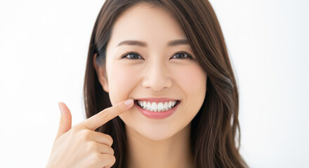 白い歯を指さして笑顔を見せる若い女性