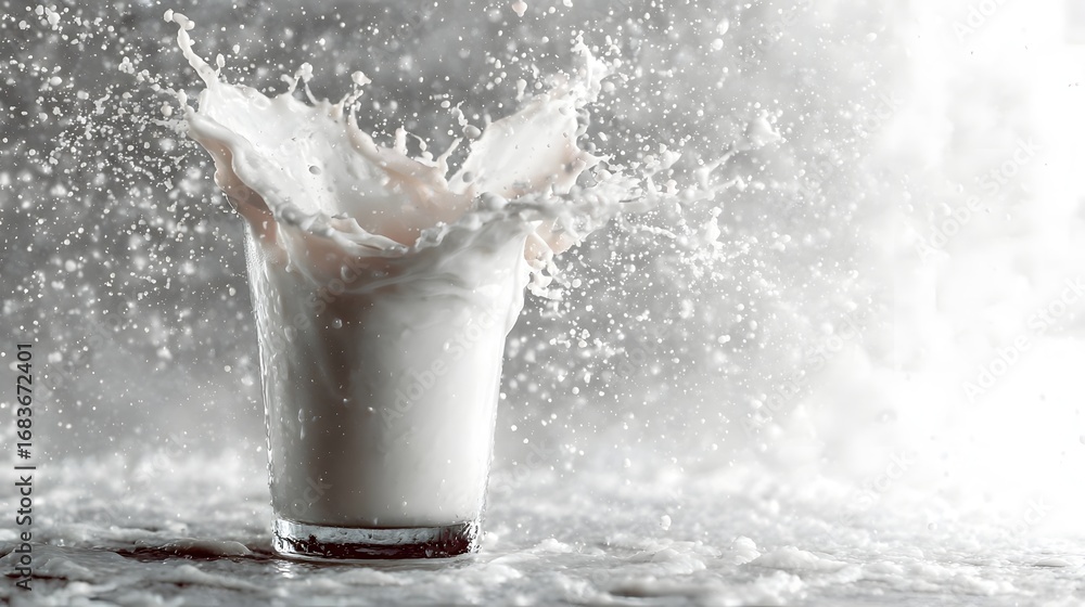 Poster dynamic milk splash captured in a clear glass creating a refreshing burst of white liquid against a 