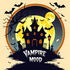 Spooky haunted house with full moon and bats Halloween artwork t-shirt design perfect for horror fans, gothic fashion, and creepy night lovers