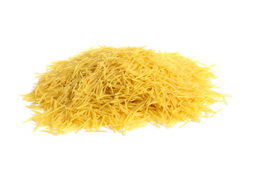 A small pile of vermicelli pasta lies on a white background.	