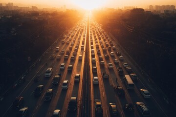 Warm sunset glow on highway with multiple lanes, aerial drone shot of busy traffic, city transport network and modern road system urban mobility infrastructure image
