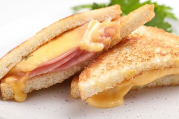 Delicious sandwiches with melted cheese and ham on white table, closeup