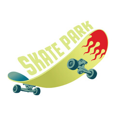 A skateboard with 'Skate Park' text and flame graphics, representing the energy and hot style of skateboarding culture vector illustration