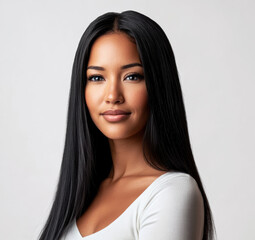 Naklejka premium Confident woman with long black hair in a light shirt against a neutral backdrop