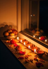 Traditional Diwali Diyas and Sweets by Window at Night, Festive Indian Celebration. AI Generated 