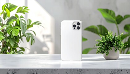 Blank white smartphone case on a light surface, surrounded by greenery