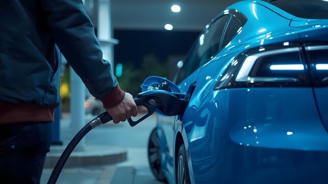 Refueling Journey: A person fueling a car at a gas station, capturing the everyday act of refueling and highlighting the car's sleek design.