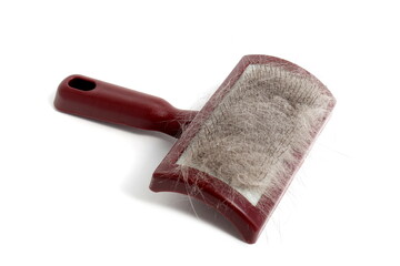 On a white background lies a cat comb with iron teeth.