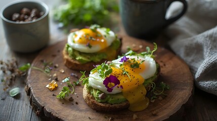 Avocado Toast Delight: An enticing overhead shot showcasing the artful arrangement of avocado toast, crowned with a perfectly poached egg and vibrant microgreens, inviting a culinary journey.