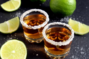 Two shot glasses with alcoholic drink, salt and lime stand on a black background.