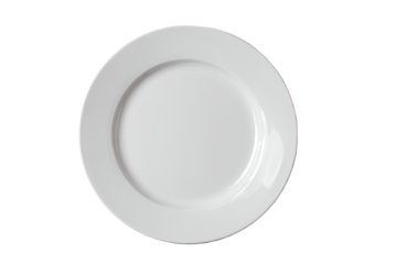 High-angle, top view of a blank, round, white dinner plate.  A simple, smooth, white ceramic plate with a slightly raised center and a thin, dark rim