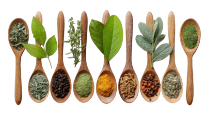 Wooden spoons filled with various herbs and spices (2)