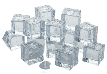 Crystal-clear ice cubes of various shapes glistening with water droplets on a white acrylic surface, bright studio lighting, transparent background for copy space, Concept of ultimate refreshment and