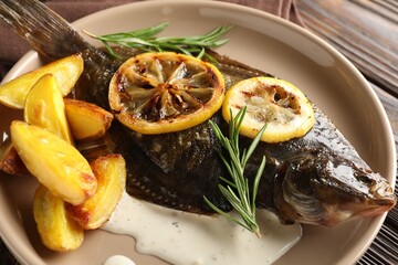 Tasty roasted flounder fish with rosemary, potato and lemon slices on wooden table, closeup. Homemade seafood dish