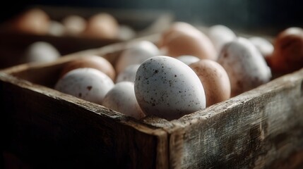 Close up of naturally speckled and brown organic farm eggs nestled in a rustic wooden crate highlighting their fresh wholesome appearance
