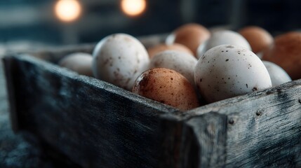 A rustic wooden crate holds a collection of fresh speckled eggs with varying natural colors and textures bathed in soft warm light