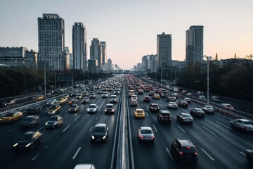 Naklejka premium Aerial urban highway traffic pattern, multiple lanes full of cars, transportation congestion concept, city road planning and mobility infrastructure design top view