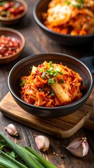 Aromatic kimchi, vibrant red and spicy, garnished with fresh green onions, sits in a dark bowl on a rustic wooden surface.