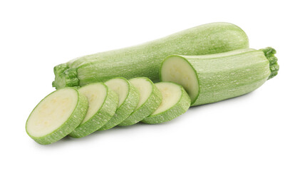Fresh whole and cut zucchinis isolated on white