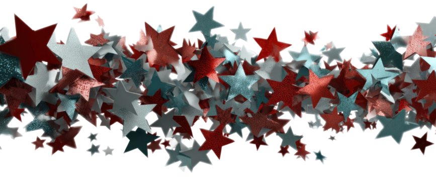 A dense cluster of small,  red, white, and teal stars