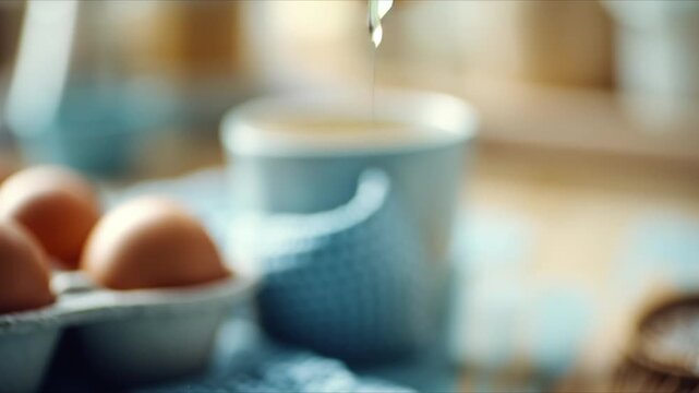 割った殻から流れ出る生卵の黄身と白身のクローズアップ「生成AI」