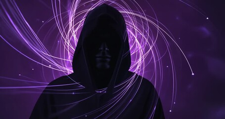 Revealing hooded figure emerging from violet glow in dark void, forming swirling purple energy halo - Powered by Adobe