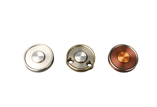 Metallic Push Buttons Gold Silver and Copper Finishes on a Clear Background