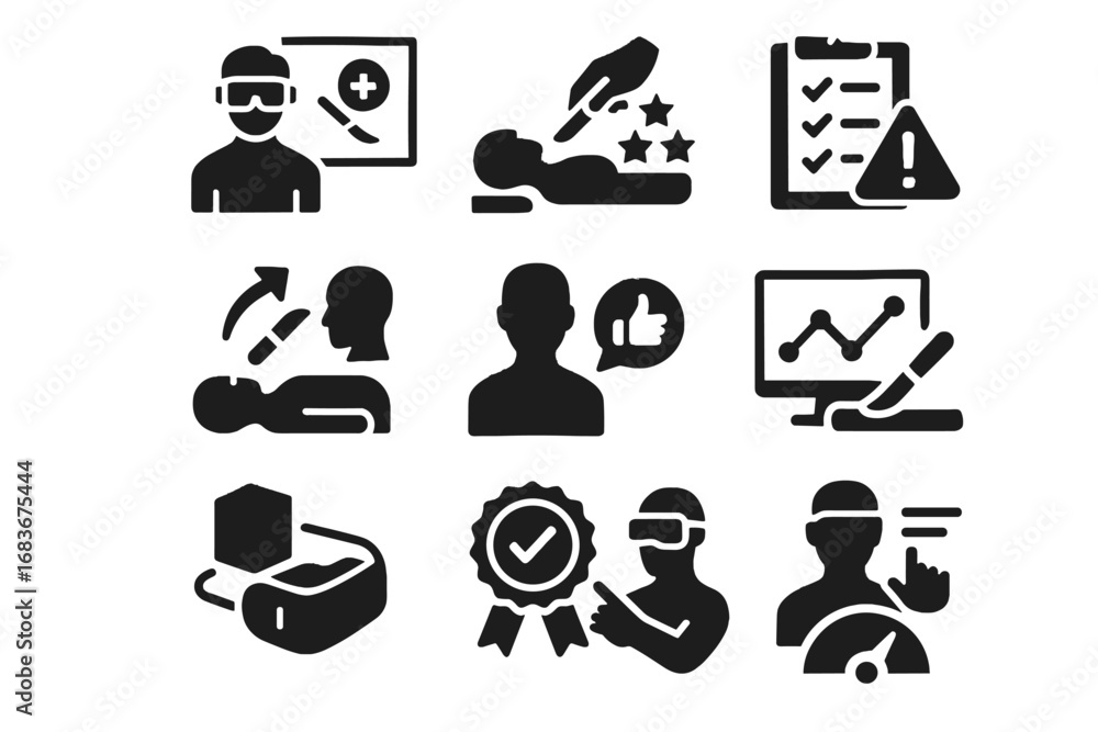 Poster training performance surgery guide virtual meter simulation headset certification icon vector progre