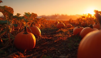 Scenic pumpkin field at sunset with warm golden light and autumn hues, creating a festive seasonal atmosphere perfect for harvest and Halloween themes