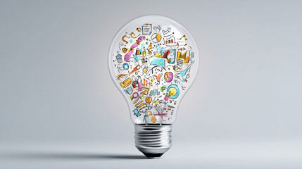Concept of creative idea, brainstorming, thinking and business planning. Business and creative freehand drawings in the shape of a light bulb on an isolated background