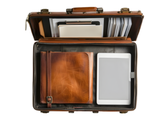 Vintage leather briefcase filled with notebooks and tablet, Transparent Background