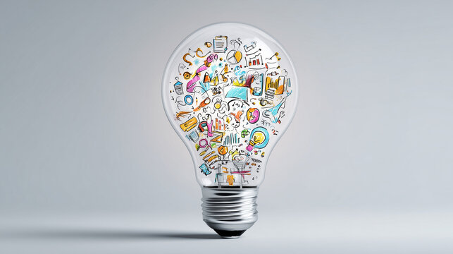Concept of creative idea, brainstorming, thinking and business planning. Business and creative freehand drawings in the shape of a light bulb on an isolated background