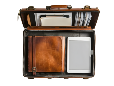 Vintage leather briefcase filled with notebooks and tablet, Transparent Background