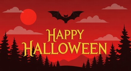 Halloween greeting card featuring a bat, forest, and red sunset.