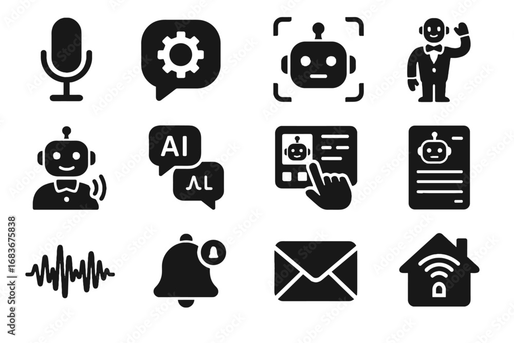 Poster Butler robot bubble panel voice icon modern vector face notification wave message