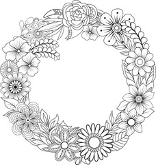 Detailed black and white floral wreath design perfect for coloring and crafts vector
