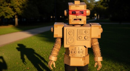 Cardboard robot costume in a park, sunlight casting shadows.