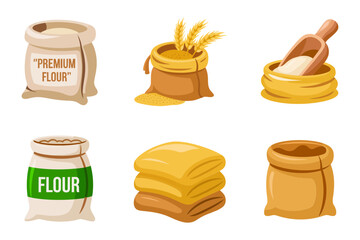 Cereal grain vector illustrations, flour sack set, wheat bag graphics, farming icons, agriculture storage container, crop harvest food design © kdpprosolutions2015