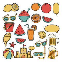 A large collection of colorful summer and beach-themed doodle icons, including sandcastles, sunglasses, and watermelon slices vector illustration