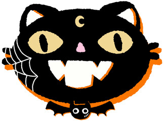 Cute Black Cat with Fangs and bat Halloween Illustration
