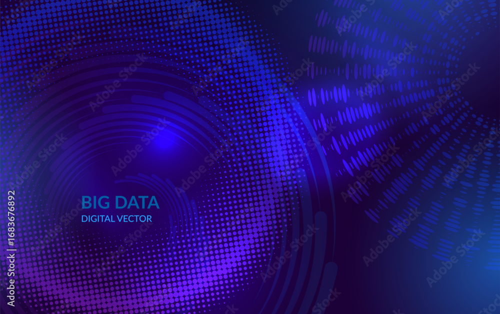 Poster abstract big data technology background – digital vector with blue and purple halftone circles and s