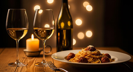 Romantic candlelit dinner with wine and spaghetti for two on a wooden table