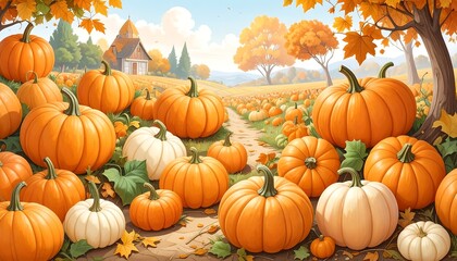 A picturesque autumnal scene depicting a pumpkin patch with vibrant orange and creamy white pumpkins, set against a backdrop of a rustic farm landscape.