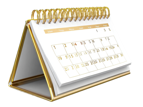 Gold-rimmed, tri-fold desk calendar with dates displayed
