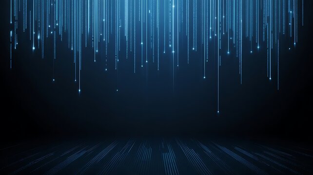 Digital rain of blue binary code falling on a dark background