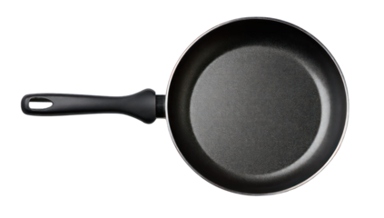 High-angle view of a dark-colored frying pan