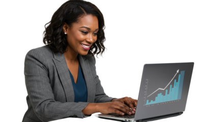 African American woman, mid-30s, natural hair, smart-casual blazer, smiling with satisfaction at a laptop's success graph on a transparent studio background, shallow depth of field. Concept of