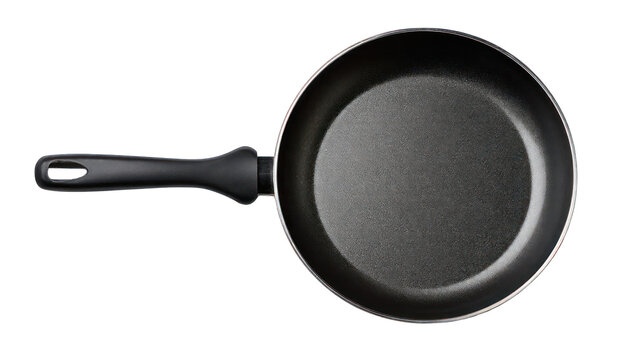 High-angle view of a dark-colored frying pan